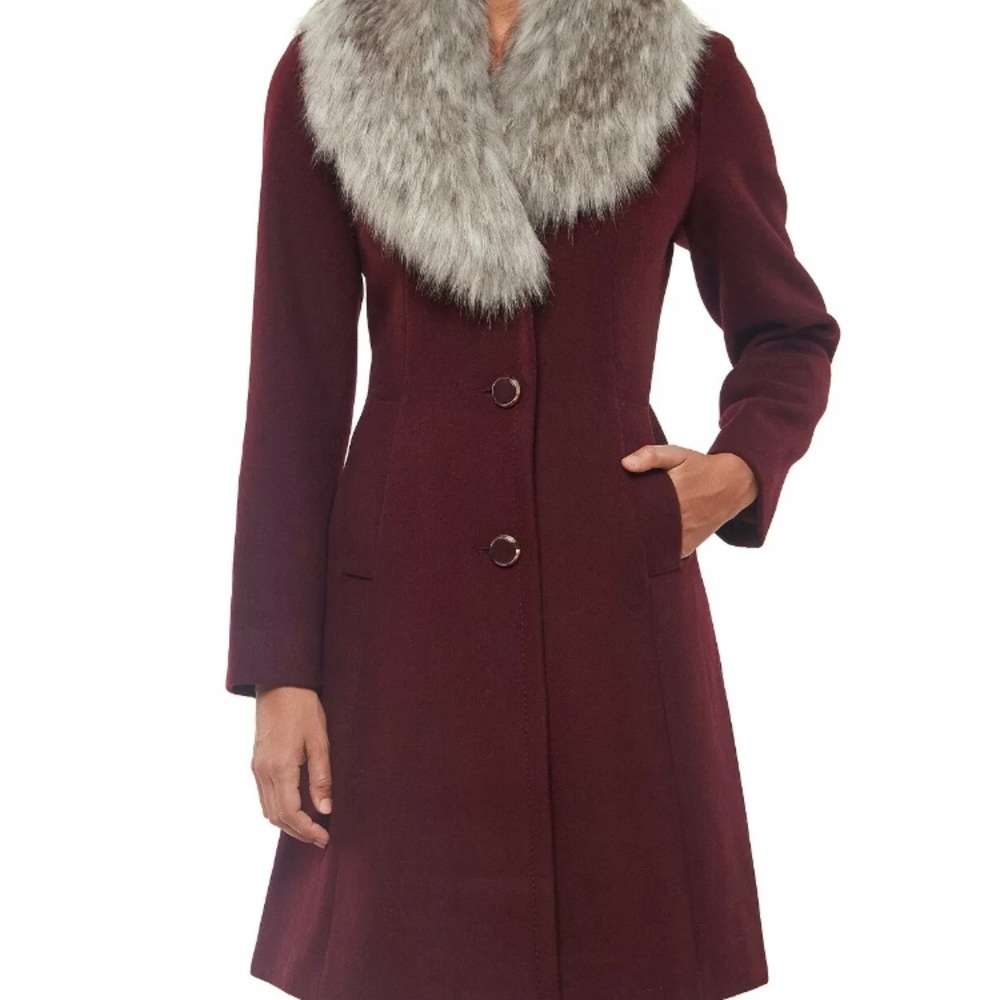NWOT KATE SPADE NEW YORK size XS burgundy wool peacoat with faux fur collar